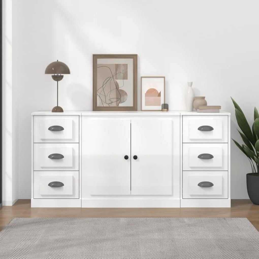 vidaXL Aparadores 3 pcs derivados de madeira branco brilhante