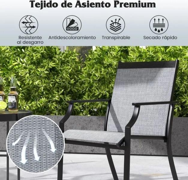 Conjunto de 2 cadeiras de jardim com assento respirável Estrutura metálica Costas altas e apoios de braços ergonómicos Cinzento