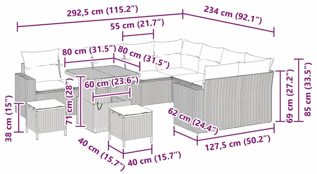 Conjunto de sofá de jardim de 12 peças com almofadas bege em rattan si