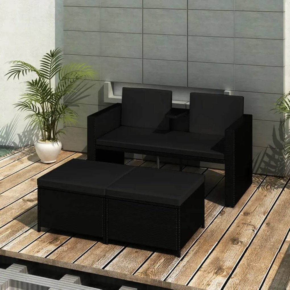 vidaXL 3 pcs conjunto lounge para jardim c/ almofadões vime PE preto
