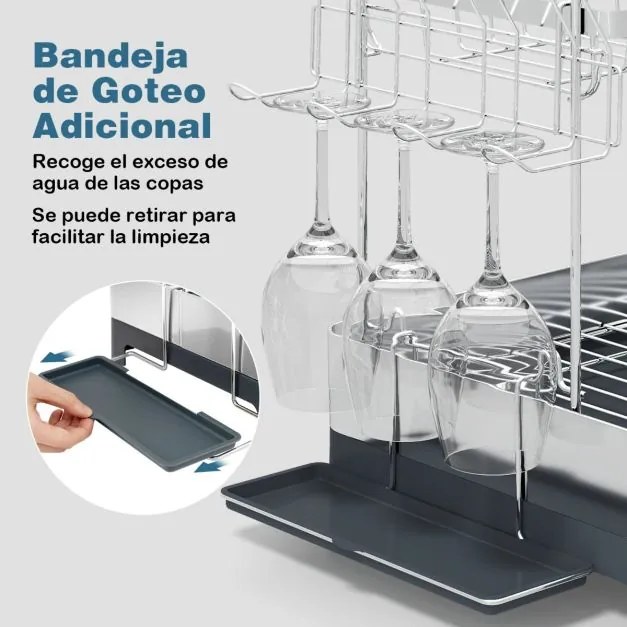 Escorredor de pratos em aço inoxidável de 2 níveis com suporte para louça, pratos, tigelas, copos, tábuas de cortar e organizador de utensílios cinza