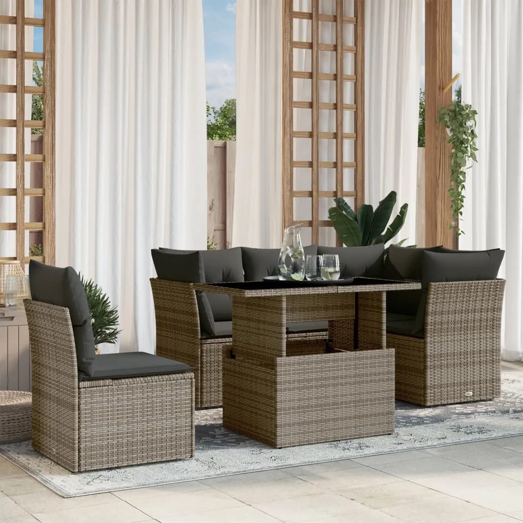 6 pcs conjunto sofás de jardim com almofadões vime cinzento