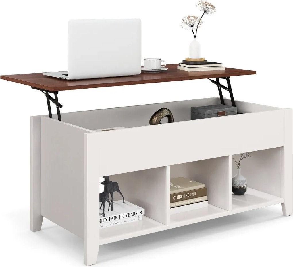 Mesa de centro de madeira elevável multifuncional com 3 prateleiras abertas para sala de estar 105 x 52 x 49 cm branca