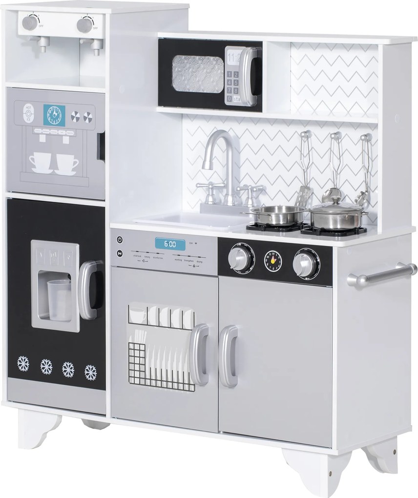 Cozinha de Madeira com Som Acessórios em Aço Inoxidável Micro-Ondas, Máquina de Gelo Cafeteira, Máquina de Lavar Loiça 79,5x24x83,8 cm Branco