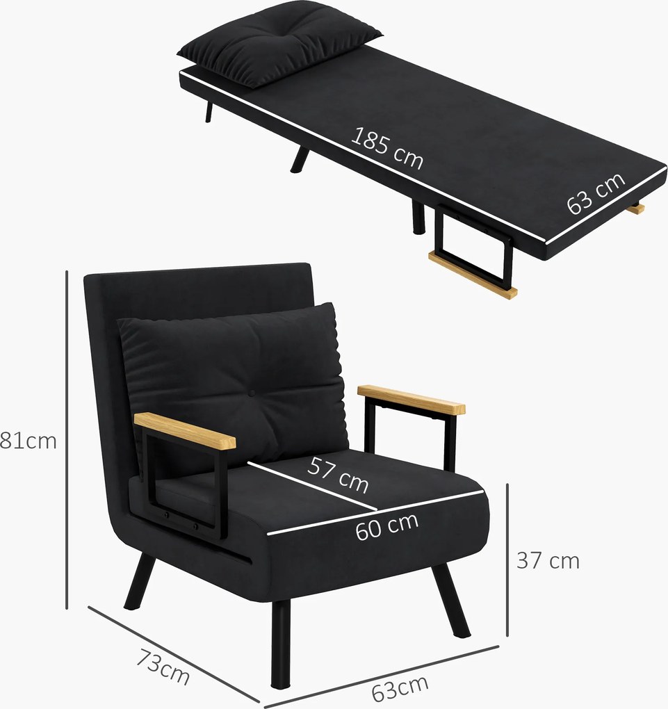 Poltrona convertível 4 em 1 63 L x 73 P x 81 A cm em cama individual com encosto de 5 posições, braços em madeira e almofada, tecido com efeito de vel