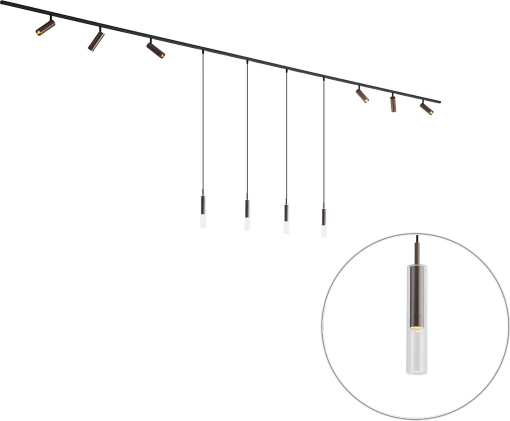 Sistema de calhas de iluminação moderno preto com 6 focos e 4 candeeiros suspensos bronze escuro monofásico - Slimline Uzzy Loyce