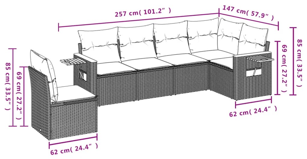 6 pcs conjunto de sofás p/ jardim c/ almofadões vime PE preto