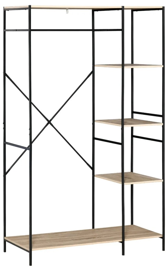 Guarda Roupa Aberto de Madeira com 4 Prateleiras de Arrumação e Barra de Pendurar 100x46x170,5cm Madeira e Preto