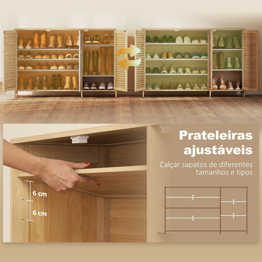 Armário para Sapatos de Bambu com Portas de Ripas Capacidade para 14 Pares Prateleiras Ajustáveis Madeira