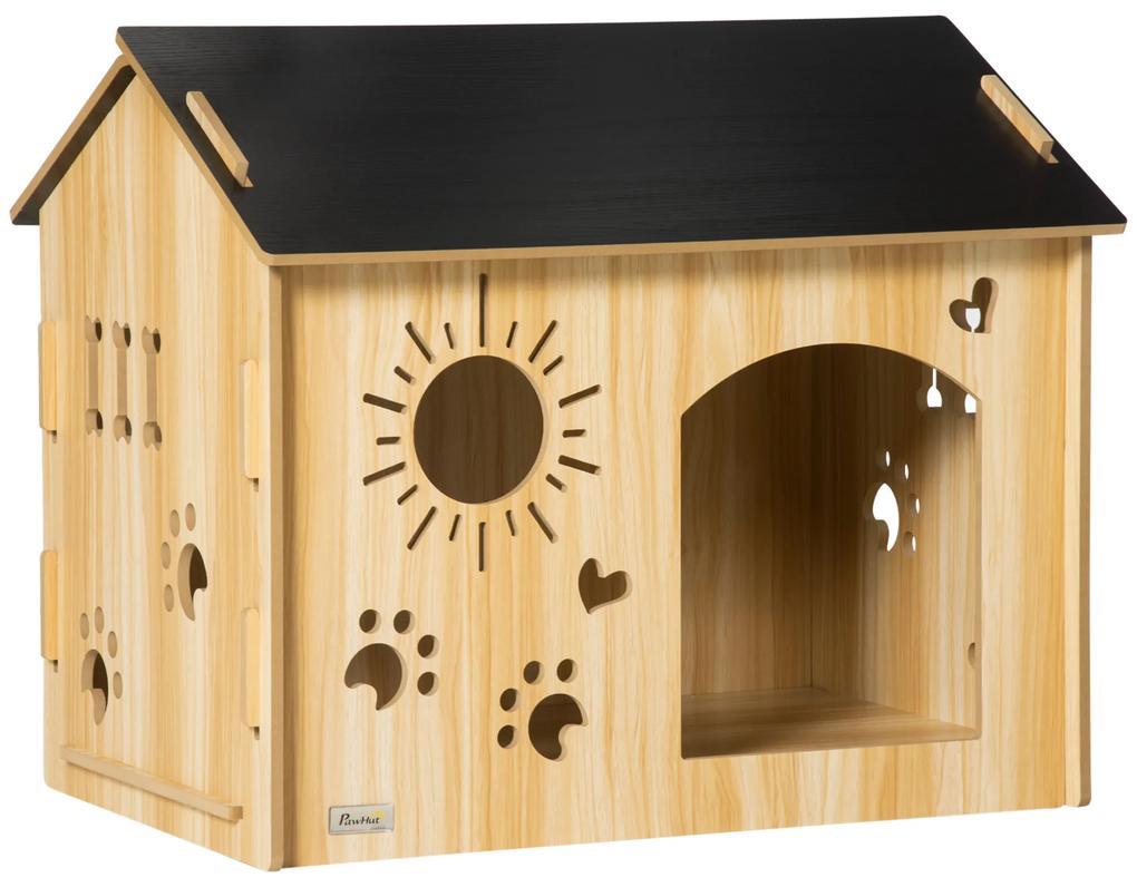 PawHut Casa de Madeira para Cães Casa para Animais de Estimação com Porta Dianteira Desenhos 69x50x58,5cm Madeira e Preto | Aosom Portugal