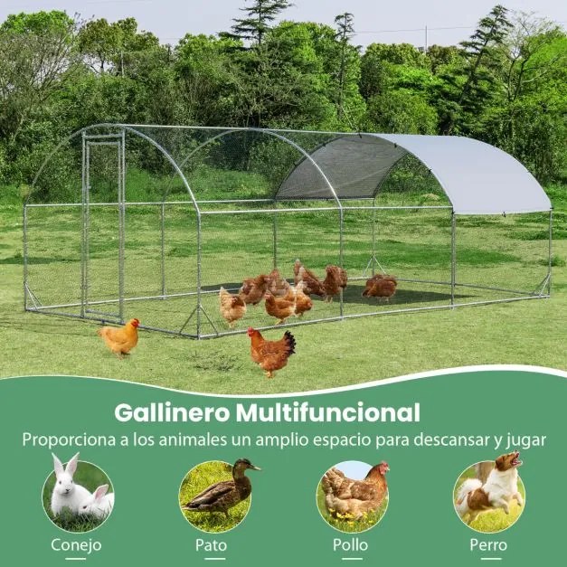 Galinheiro metálico grande 570 x 280 x 195 cm para aves domésticas galvanizada grande com cobertura impermeável e protetora solar Prateado