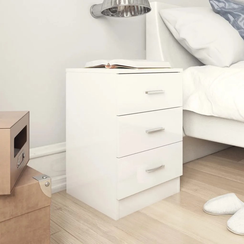 800462 vidaXL Mesa de cabeceira 38x35x56 cm contraplacado branco brilhante