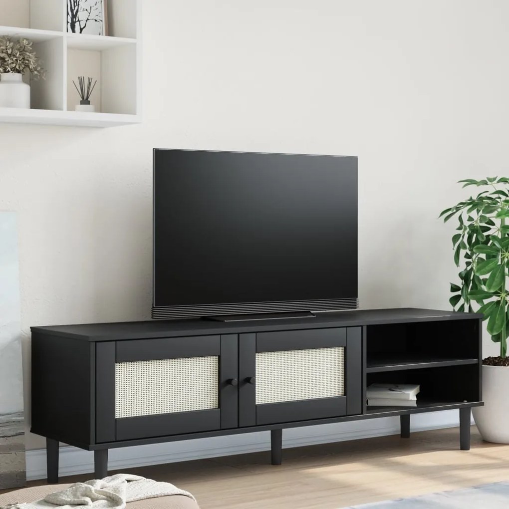 vidaXL Móvel de TV SENJA aspeto vime 158x40x49 cm pinho maciço preto