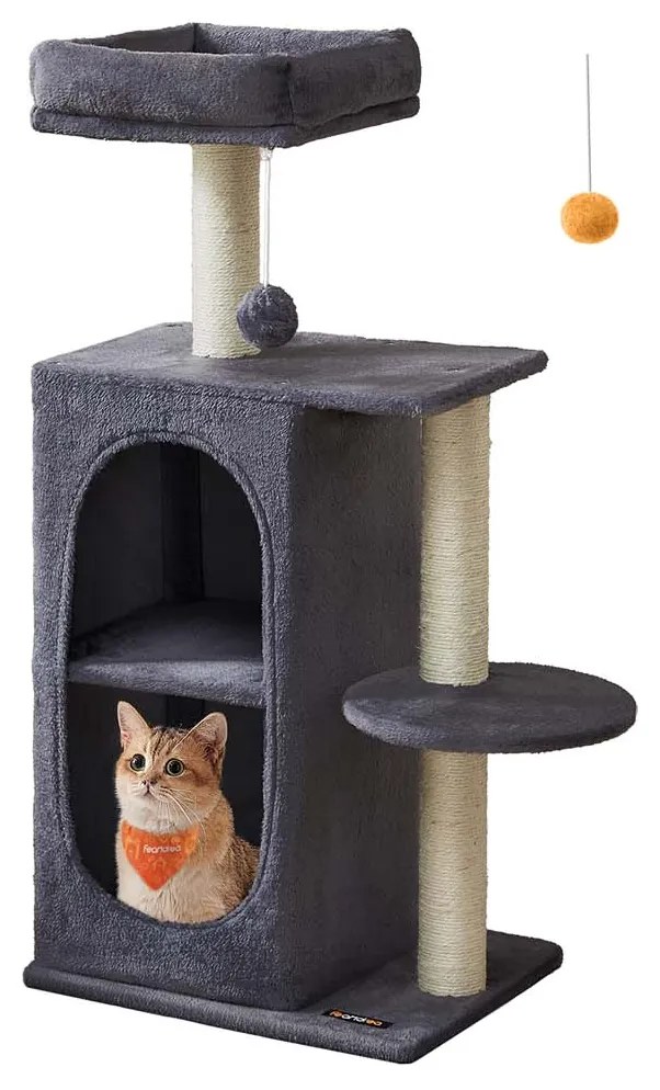 Árvore para gatos pequena com 2 cavernas e 1 plataforma cinzento escuro