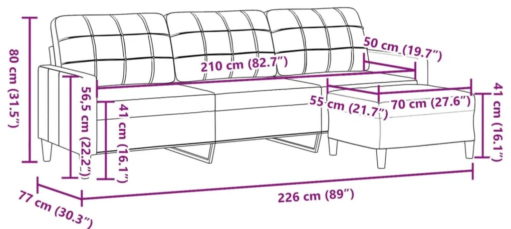Sofá de 3 lugares com apoio de pés 210 cm tecido cinzento-claro