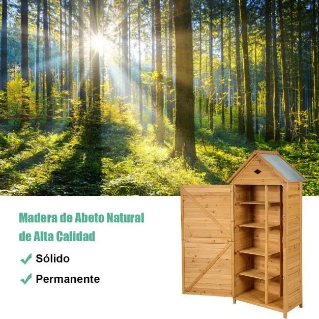 Abrigo de madeira com 5 prateleiras e 2 portas com fechadura e teto impermeável para jardim ou varanda 70 x 45 x 160 cm cor natural