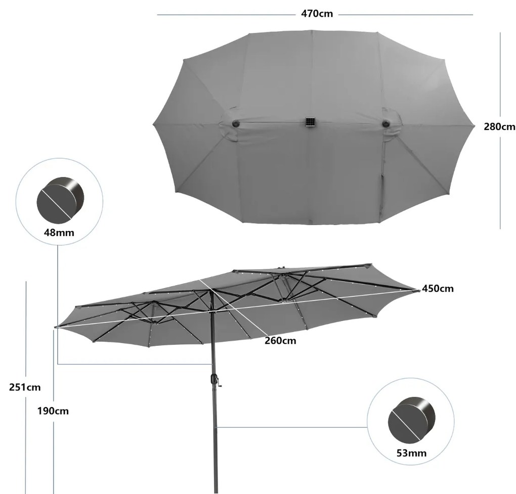 Guarda-sol dupla face de 470 cm com base Areia e 48 luzes LED Painel solar de carregamento automático Mecanismo de manivela Cinzento