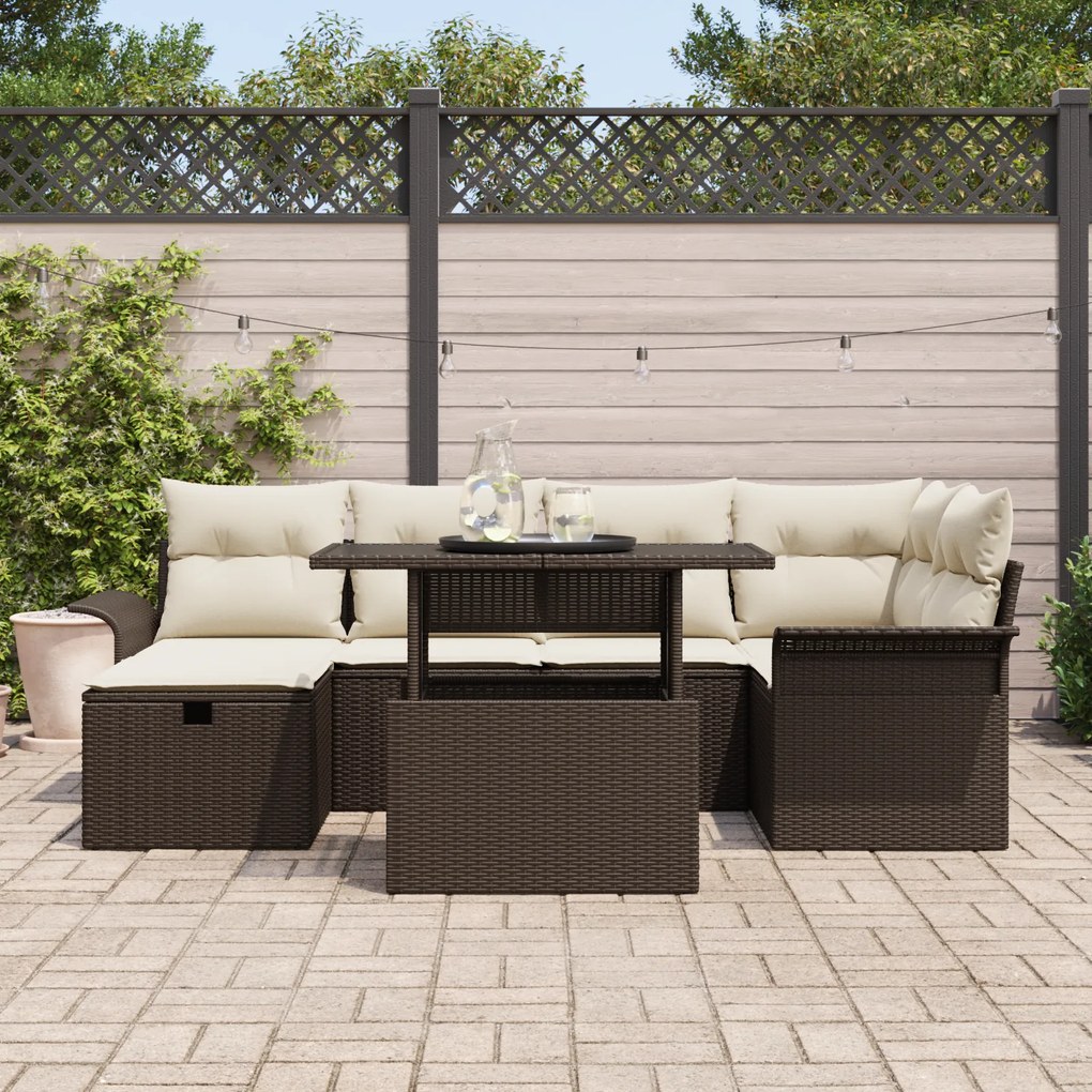 Conjunto de Sofá de Jardim com 7 Peças e Almofadas de Vime Polyrattan