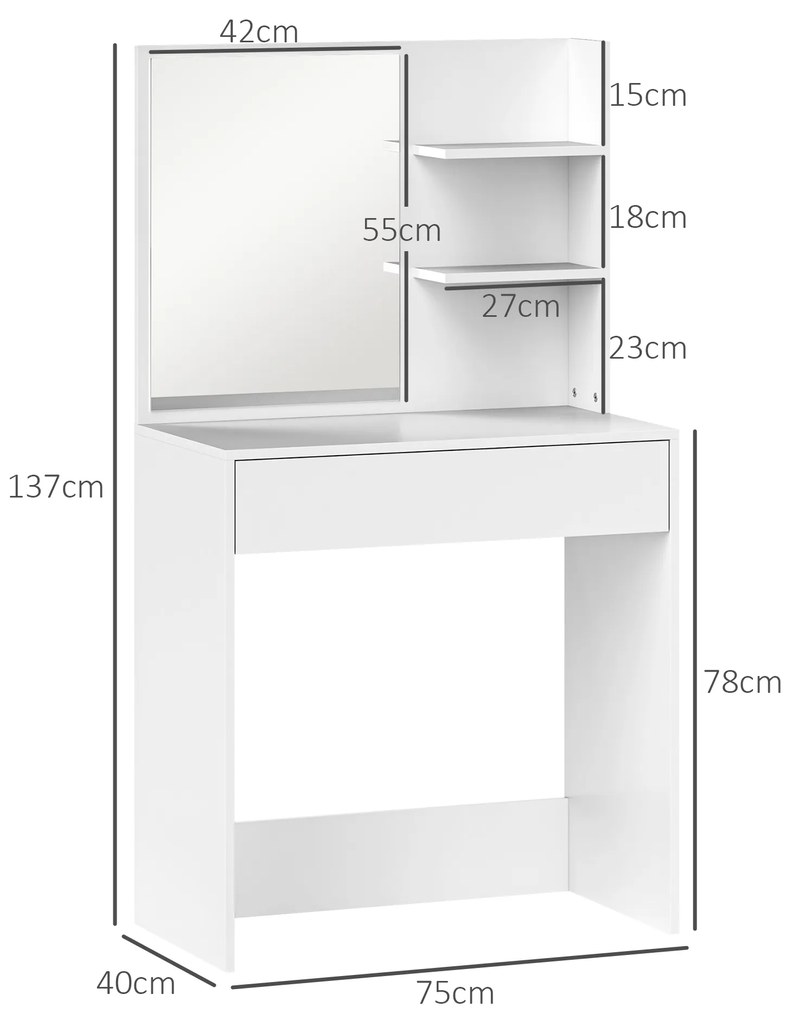 Toucador de Maquilhagem com Espelho Mesa de Maquilhagem com Gaveta e Prateleiras Abertas  75x40x137 cm Branco