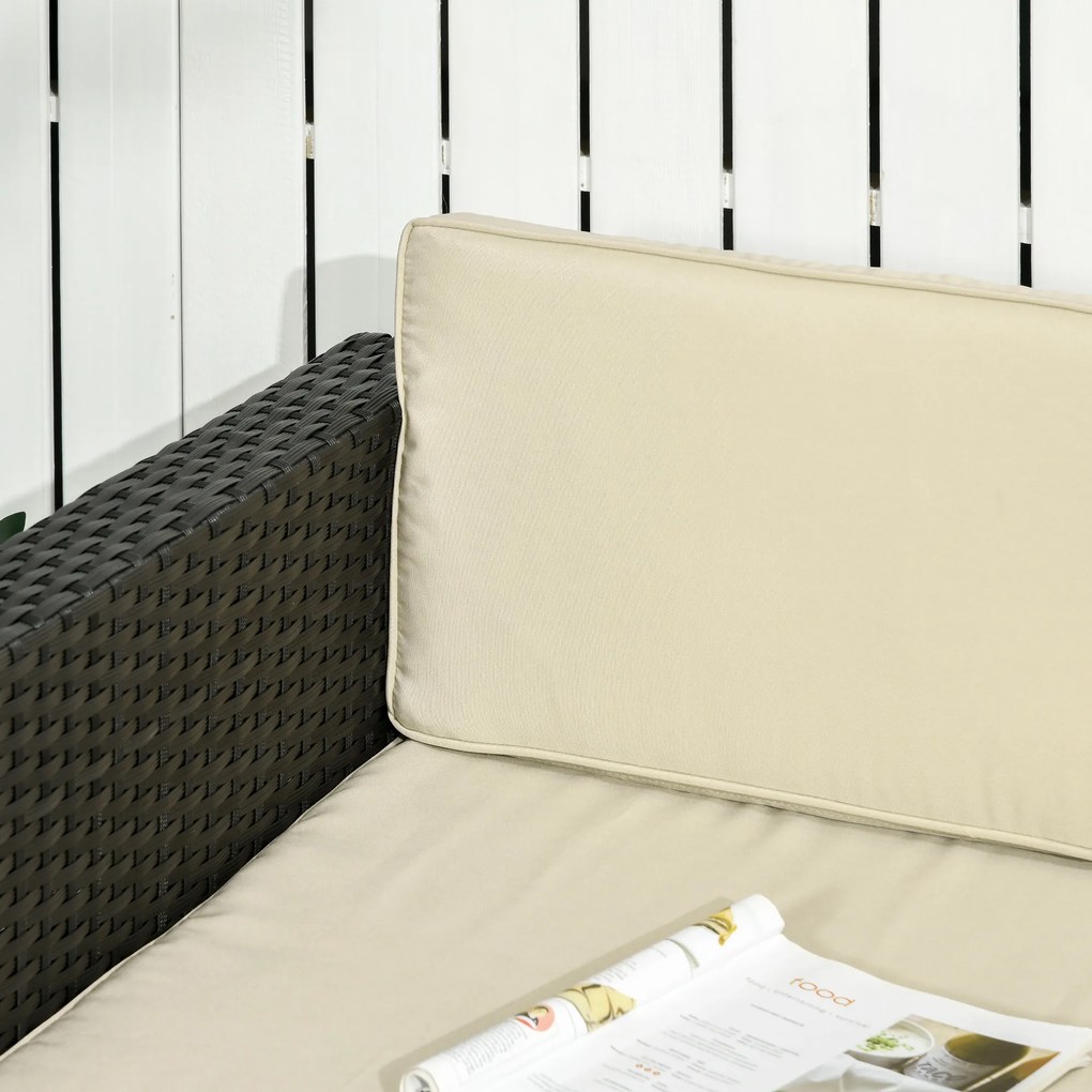 Outsunny Conjunto de Móveis de Vime de Jardim 3 Peças Conjunto de Móveis de Vime Exterior Sofá de 3 Lugares com Almofadas Acolchoadas Mesa de Centro com Bancada de Vidro Temperado e Banco Preto e Bege