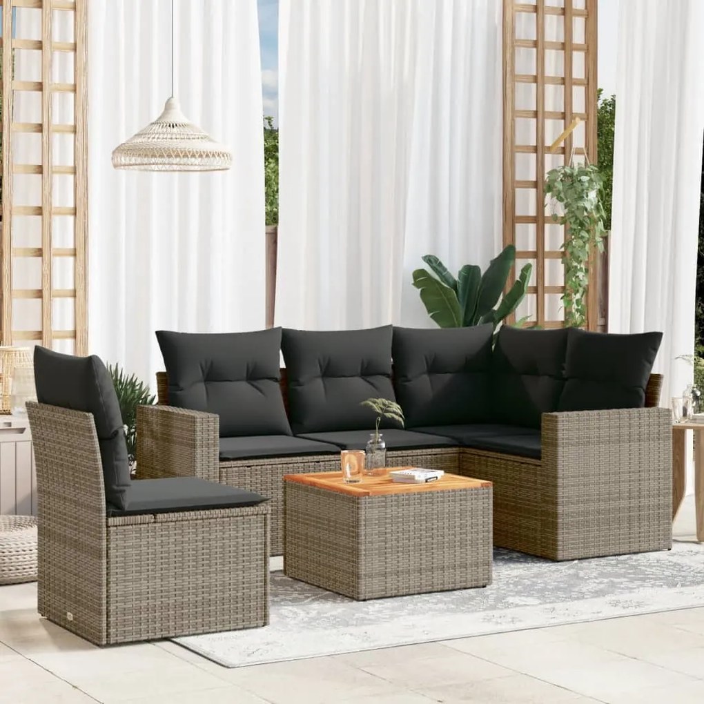 6 pcs conjunto sofás de jardim com almofadões vime cinzento