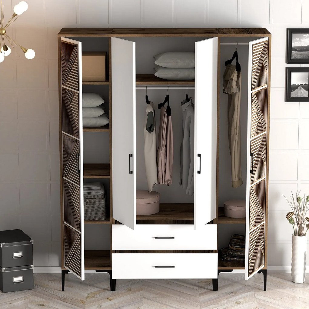 Roupeiro Kumsal PTP – Nogueira e Branco – 160 x 47,5 x 201,4 cm