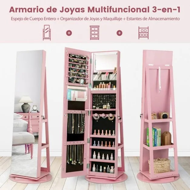 Armário joias giratório 360° com luzes LED Espelho de corpo inteiro Prateleiras de armazenamento 54,5 x 161 cm Rosa