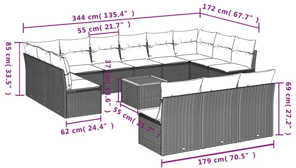 14 pcs conjunto sofás p/ jardim c/ almofadões vime PE cinzento