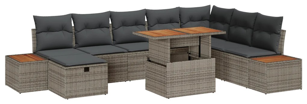 Conjunto de Sofá de 9 Peças com Almofadas Cinza Poli Rattan