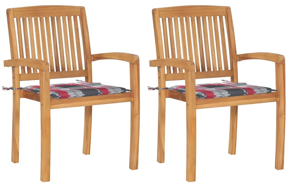 vidaXL Cadeiras jardim c/ almofadões xadrez vermelho 2 pcs teca maciça
