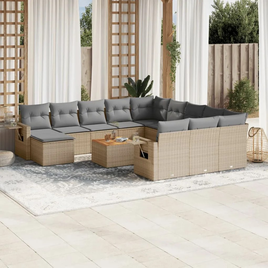 13 pcs conj. sofás jardim c/ almofadões vime PE bege misturado
