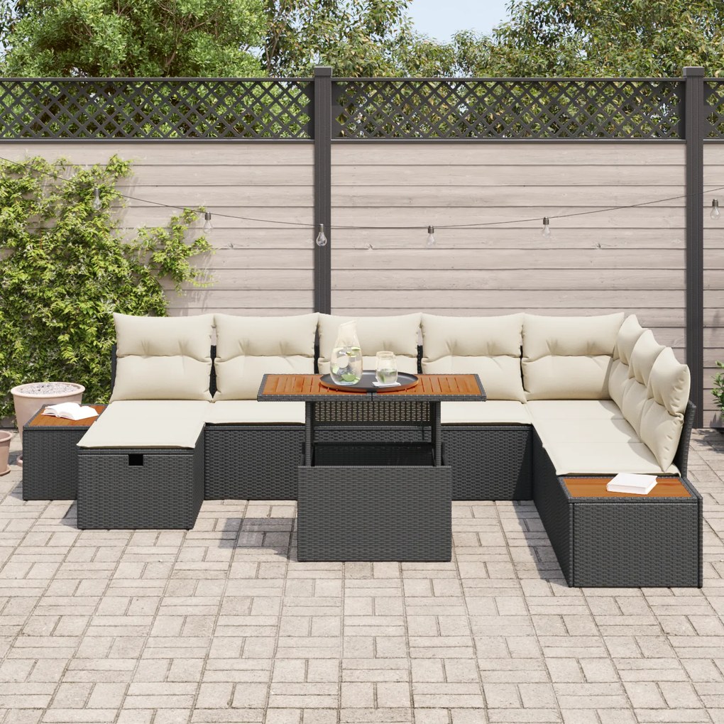 Conjunto de Sofá de 9 Peças de Jardim com Almofadas Preto Rattan Polié