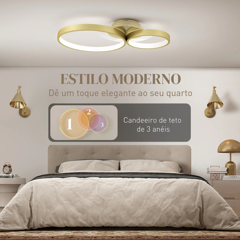 Candeeiro de Teto LED 40W Candeeiro Moderno com Iluminação LED 3000K/4000K/6500K 59x38x7,4 cm Dourado