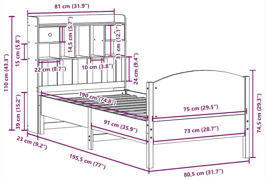 Cama com estante sem colchão 75x190cm pinho maciço castanho-mel