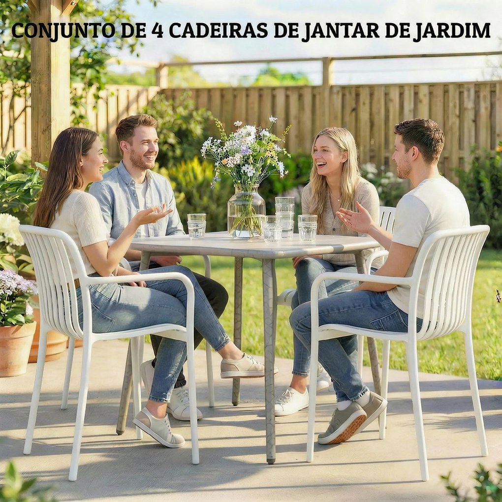 Conjunto de 4 Cadeiras de Jardim Exterior Empilháveis de PP (MESA NÃO INCLUIDA) com Encosto Curvado Assento com Ripas 55x58,5x81,5 cm Branco
