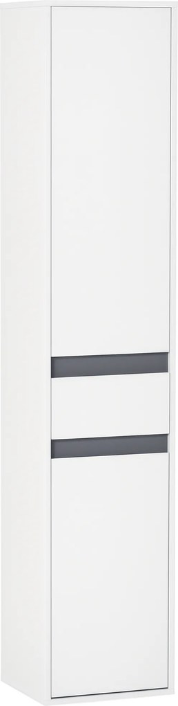 Móvel de coluna para arrumação na casa de banho, estilo contemporâneo, com 2 armários, 3 prateleiras e uma gaveta deslizante, em painéis de aglomerado