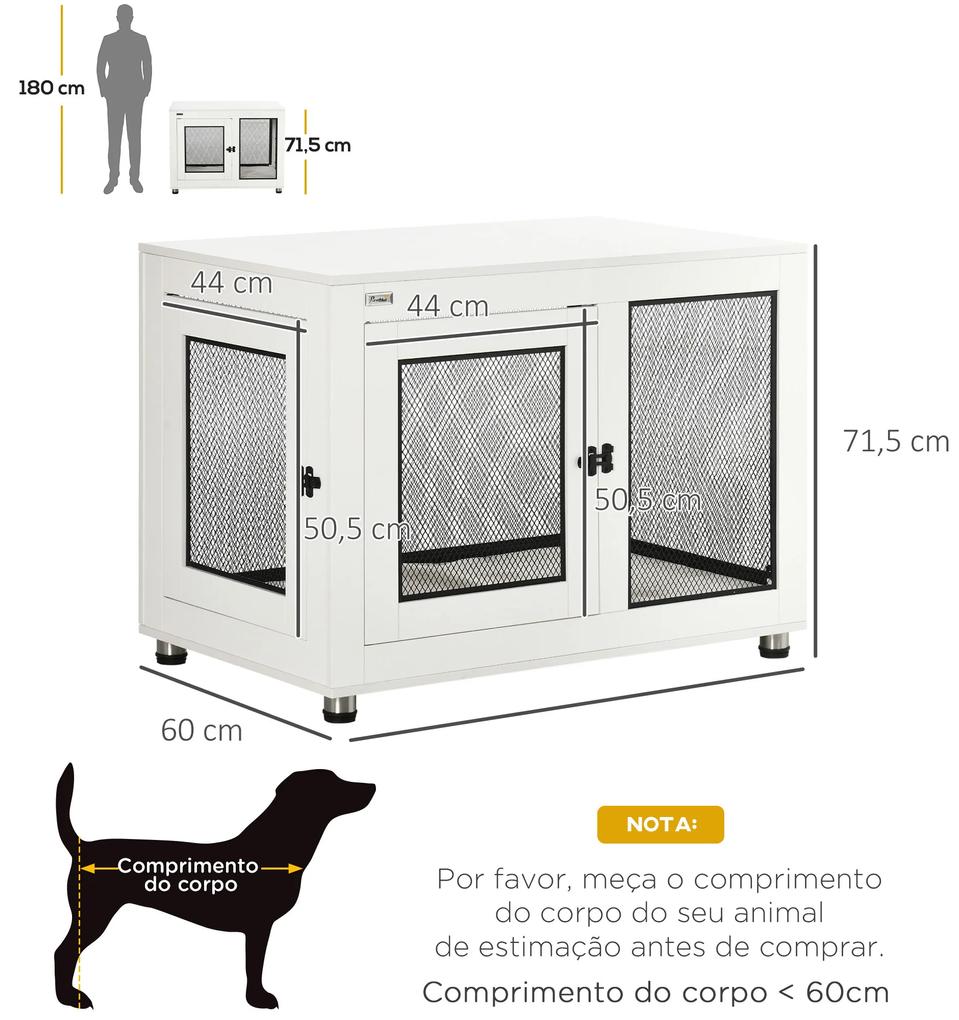 Gaiola para Cães de Madeira Mesa de Centro 94x60x71,5cm Móvel com 2 Portas com Fechadura Almofada de Tecido Oxford e Grades de Aço Branco