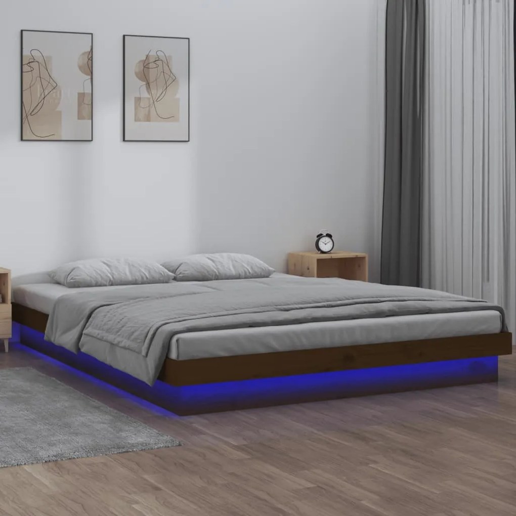 vidaXL Estrutura de cama c/ LED 140x190 cm madeira maciça castanho-mel