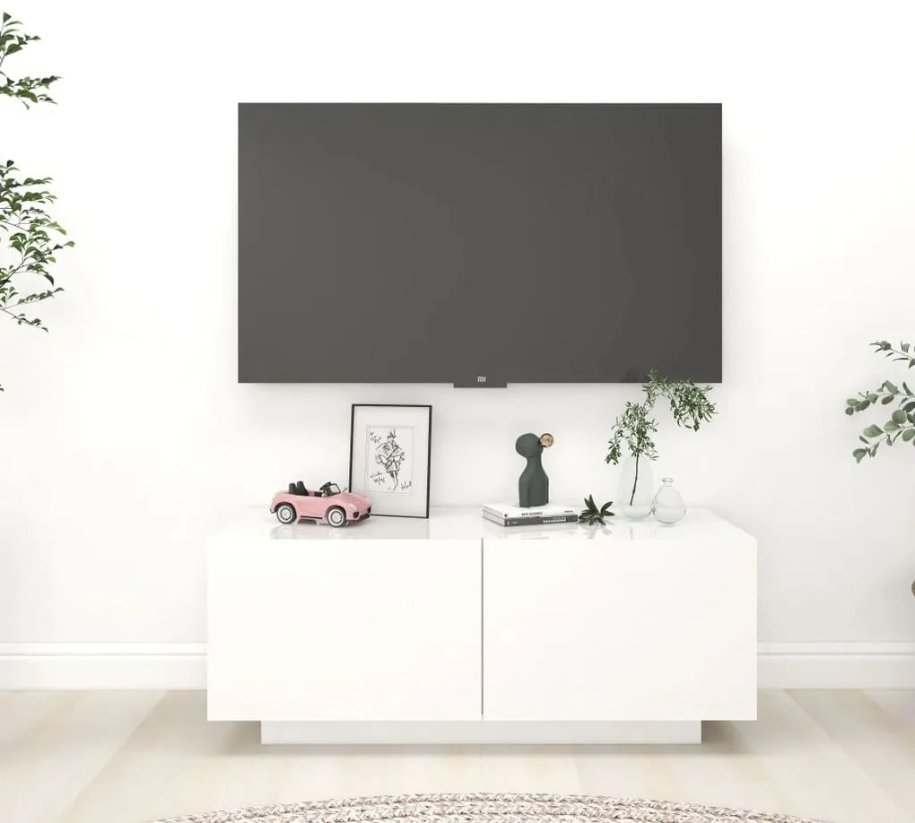 Móvel de TV 100x35x40 cm contraplacado branco brilhante