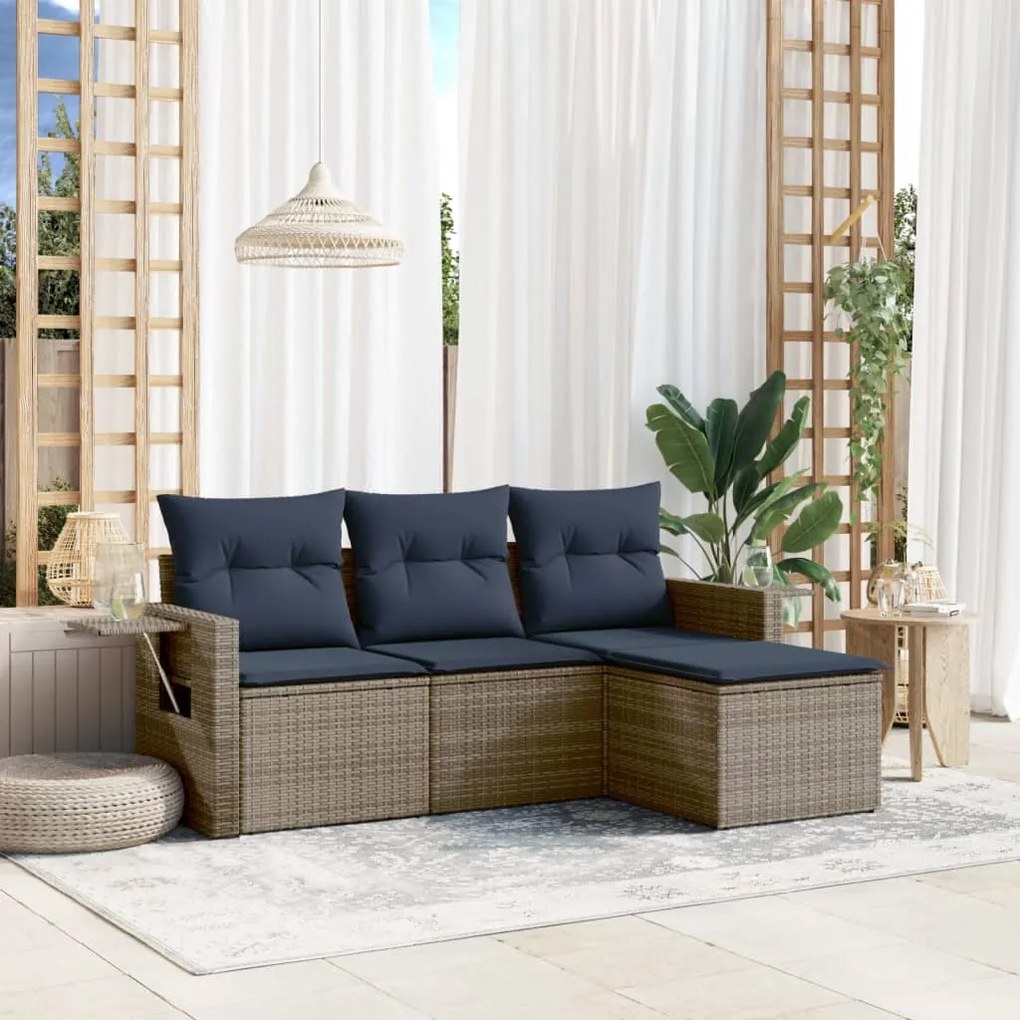 vidaXL 4 pcs conjunto sofás p/ jardim c/ almofadões vime PE cinzento