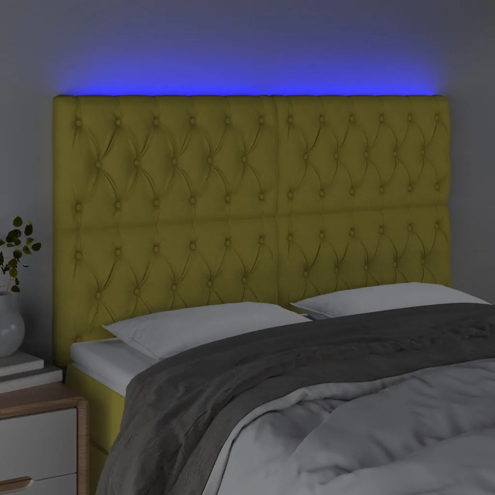 Cabeceira de cama c/ luzes LED tecido 144x7x118/128 cm verde