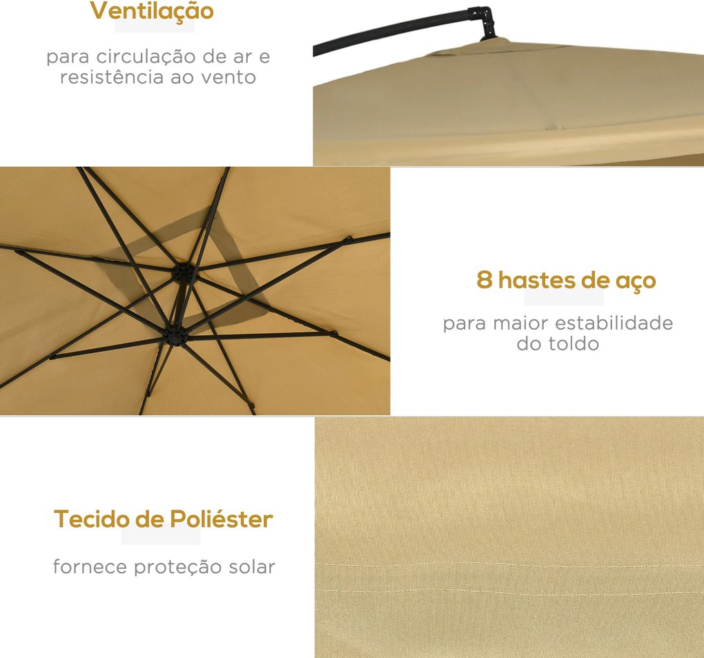 Chapéu de Sol de Jardim 296x296x265cm Chapéu de Sol Excêntrico com Rede Mosquiteira manivela Base Cruzada e Suporte de Aço para varanda Pátio Exterior