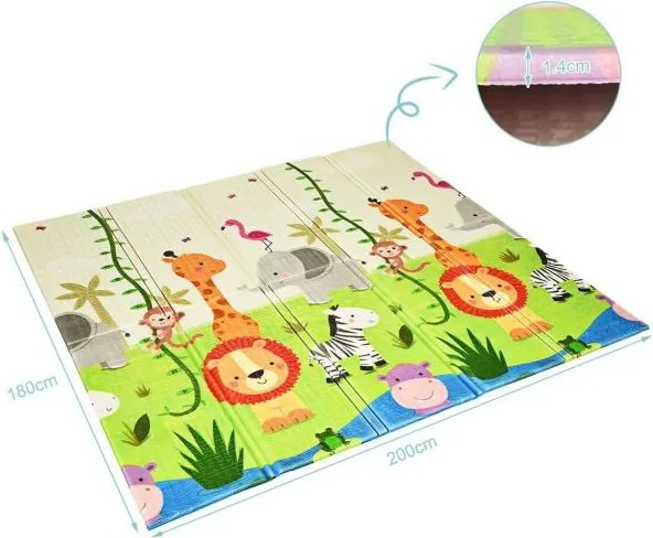Conjunto 2 em 1 Parque de atividades bebés portátil 206 x 185,5 x 68 cm e tapete reversível para crianças com material seguro cinza escuro + zoológico