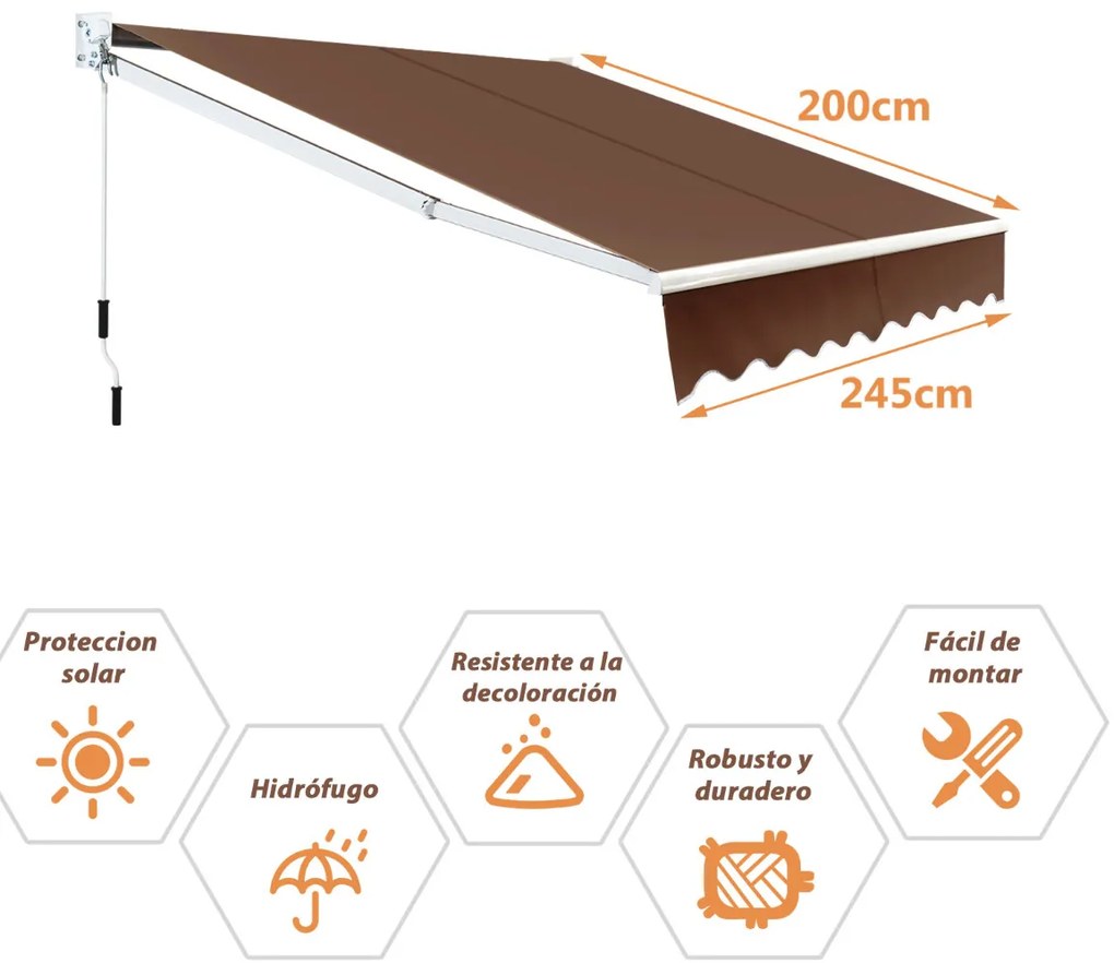 Toldo retrátil 245 x 200 cm com manivela manual em poliéster impermeável, marquise em alumínio para porta de parede ou janela Castanho