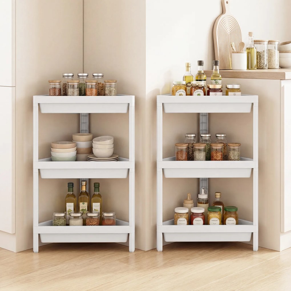 Conjunto de 2 estantes de canto com 3 níveis 26 x 44 x 67,5 cm em PP, estante de casa de banho desmontável com drenagem, organizador, para cozinha e q