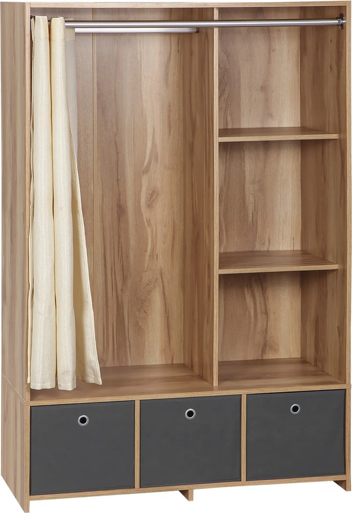 Armário de roupa, com varão para cortinas, 3 gavetas de tecido removíveis, 105 x 48 x 160 cm, natural