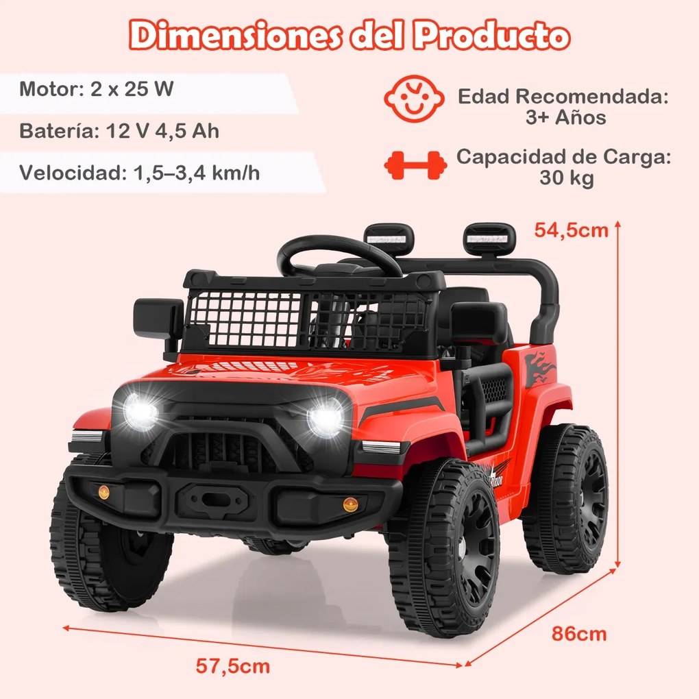 Carro elétrico para crianças 12V com comando à distância, volante, painel musical, buzina, faróis, espelhos rebatíveis, 4 rodas, vermelho