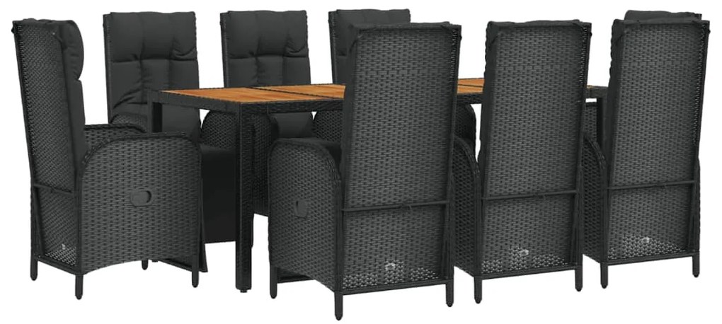 9 pcs conjunto de jantar p/ jardim c/ almofadões vime PE preto