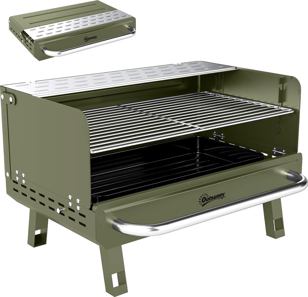 Outsunny Churrasqueira a Carvão Dobrável 52x37x31,8 cm com Grelha Ajustável Prateleira Lateral Dobrável e Bandeja Removível Verde | Aosom Portugal