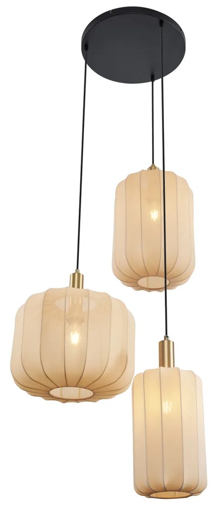 Candeeiro suspenso Japandi preto e dourado com abajur bege 3-luzes - Pluni Japandi